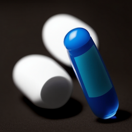 An image of a real Viagra pill and a counterfeit one side by side, with a warning symbol indicating the dangers of using counterfeit medication.